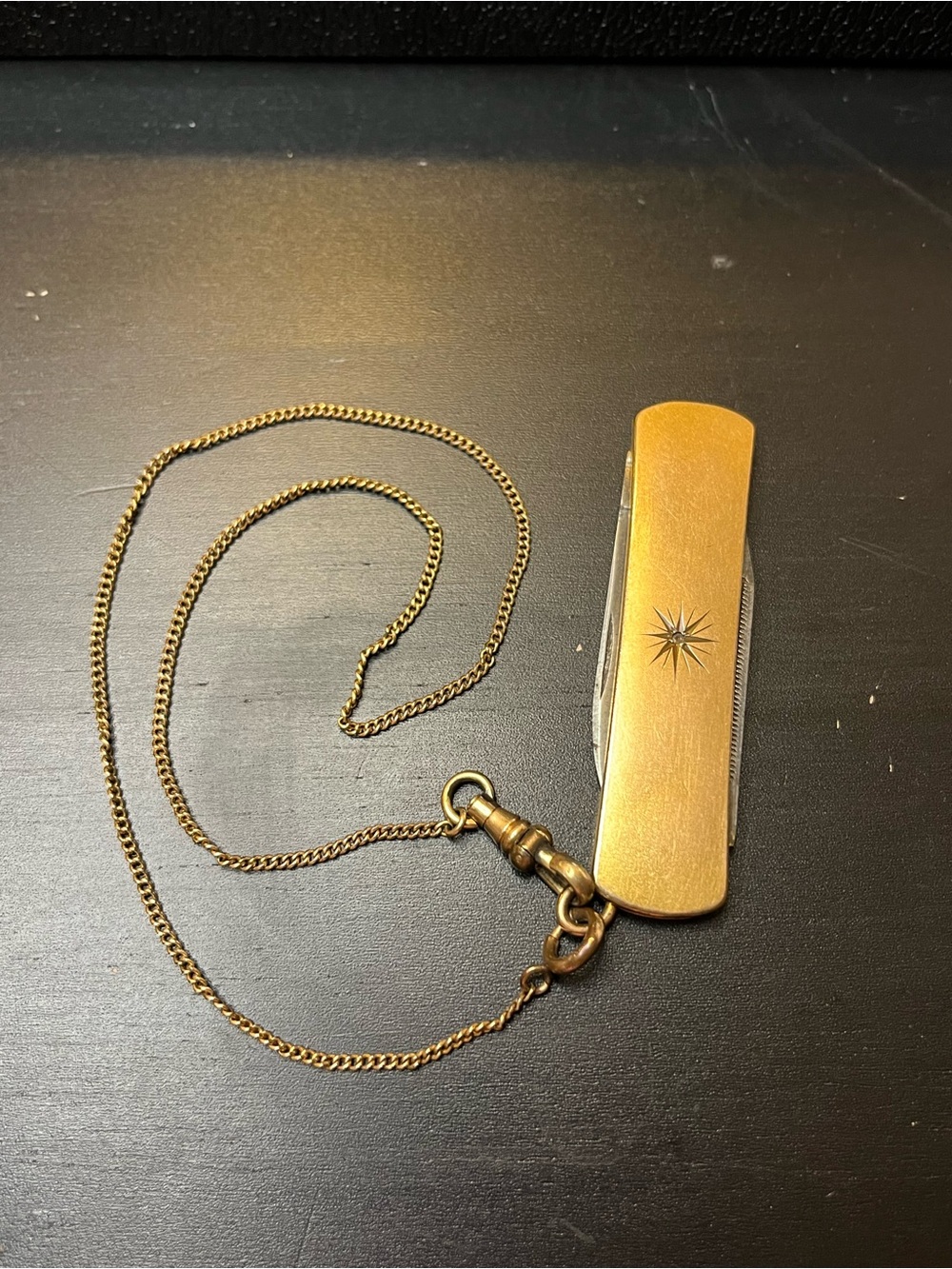 Antique SOB Co gold filled fob knife and 15" chain missing stone GUC